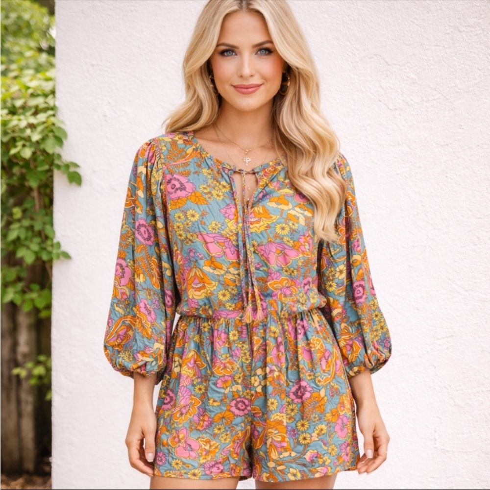 Rusttydustty Women’s 1X Floral Boho Romper Peasant Sleeve Cottagecore Chic